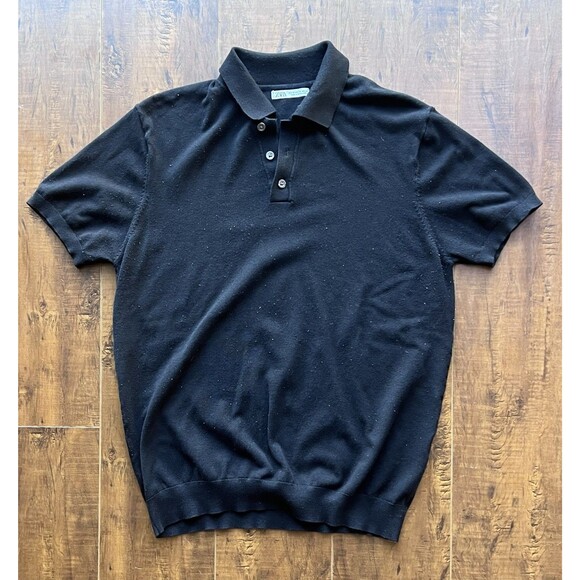 Zara Knit Polo Shirt Men’s Medium Black Short Sleeve Button Up Casual Top - Picture 1 of 6